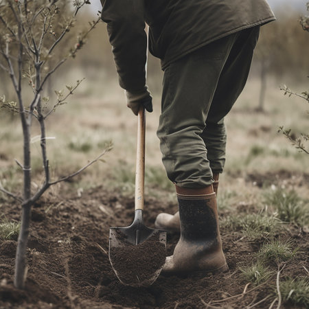 a man with a shovel plants a small tree, close-up, nature conceptの素材