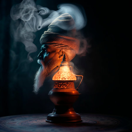 Magic lamp, the outline of the head of a genie in the smoke from an antique lampの素材