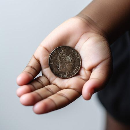 old retro coin in a child's hand, close-up on a white background, the concept of poverty and wealthの素材
