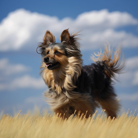Yorkshire terrier with long fluttering hair, against the blue sky, a beautiful photo with a petの素材