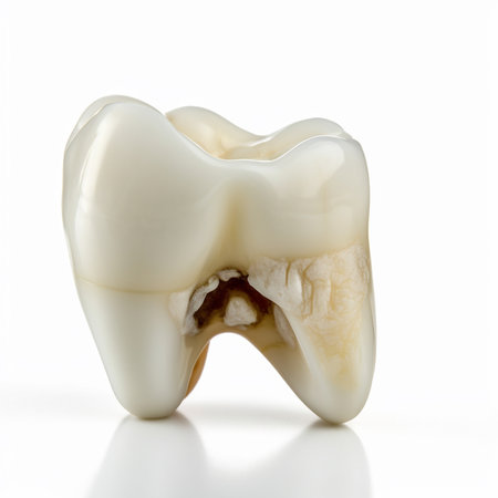 large human wisdom tooth with caries, isolated on white close-upの素材