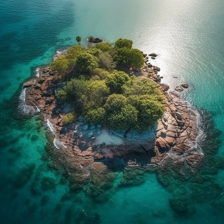 Arial view of a small island in the ocean with green trees and beautiful beaches and bays, a wonderful uninhabited islandの素材