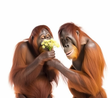 male orangutan gives flowers to female orangutan, on white background, love, funny photo with animalsの素材