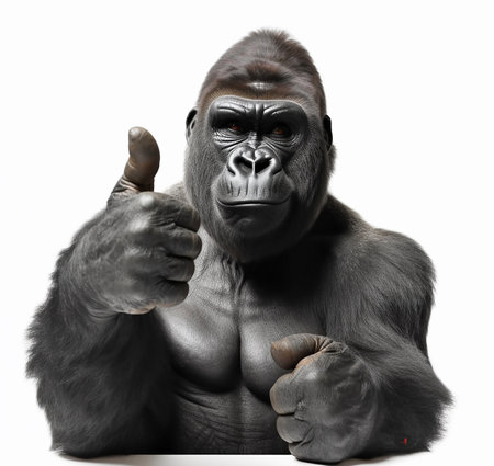 Gorilla thumbs up, everything is fine, everything is ok, everything is correct, I agree, ok. On a white background funny illustration with an animal,の素材
