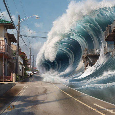 Tsunami, catastrophe, a huge wave from the ocean covered houses and streets, a terrible natural phenomenon, ai generativeの素材
