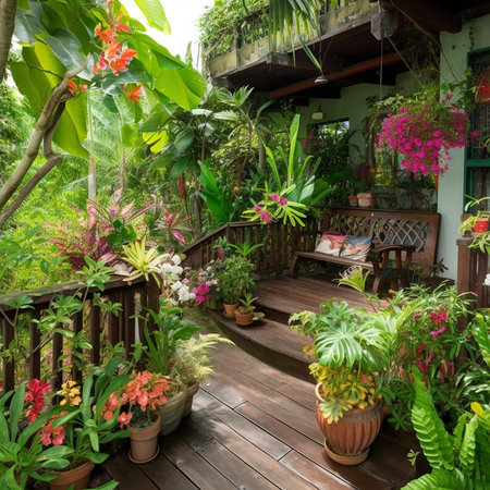 Tropical garden with colorful beautiful flowers and green plants, beautiful landscape,の素材