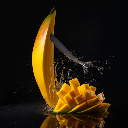 Appetizing pieces of yellow sweet mango in the air on black background, beautiful creative food background for advertising fruits on the package,の素材