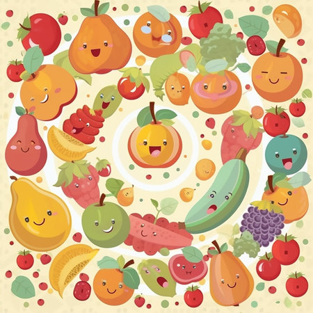 Background of funny fruits and vegetables in cartoon style, for advertising and packaging designの素材