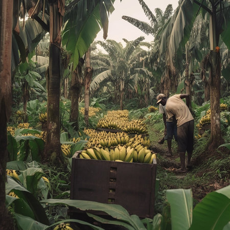 banana plantation workers picking ripe yellow bananas and put them in boxesの素材