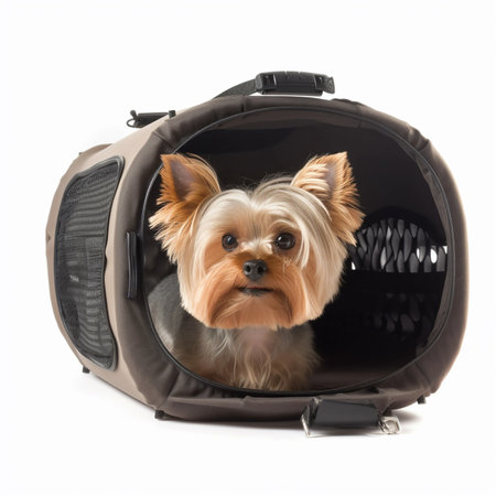 Small dog yorkshire terrier peeks out of a carrying bag, isolated on a white background, close-upの素材