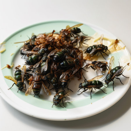 A lot of nasty black flies on a plate with food leftovers, close-up, dirty dishes with fliesの素材