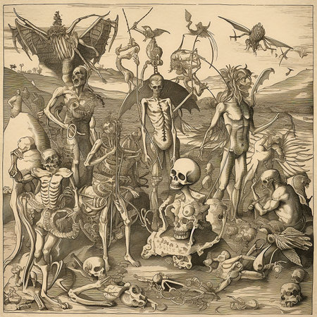 Fantasy illustration of many different skeletons, black and white drawing, vintage engraving styleの素材