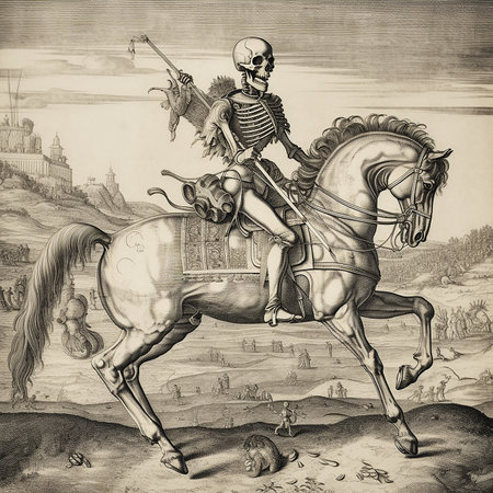 Human skeleton rides a horse, drawing, vintage engraving styleの素材