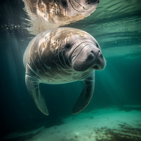 Manatee underwater shooting. Sea cow, large marine animal, mammal. Close-up, ai generativeの素材