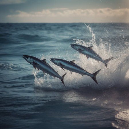 A flock of fish jumps out of the water over the surface of the sea, flying fish, close-up, beautiful seascapeの素材