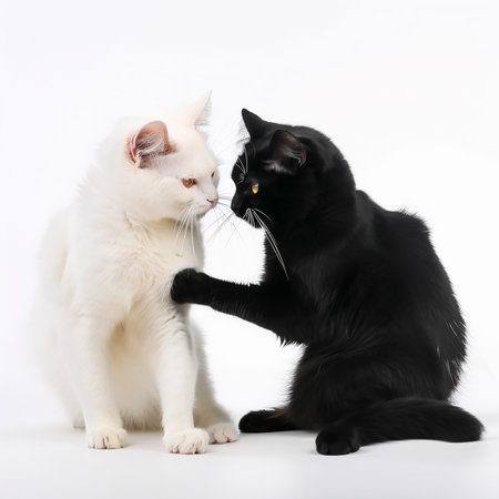 Two cats black and white before a fight, quarreling with each other, duel of two cats, isolated on white close-upの素材