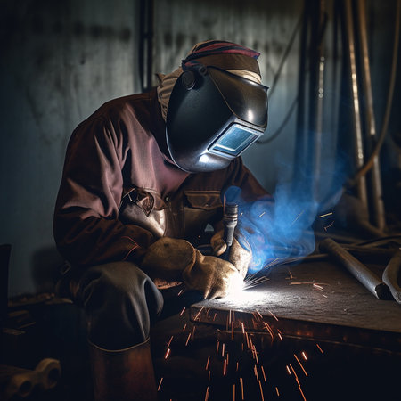 The work of the welder close-up, the worker welds the metal, a bright flashの素材
