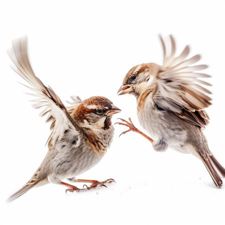 Two sparrows fight each other on a white background close-up, duel of two small birds,の素材