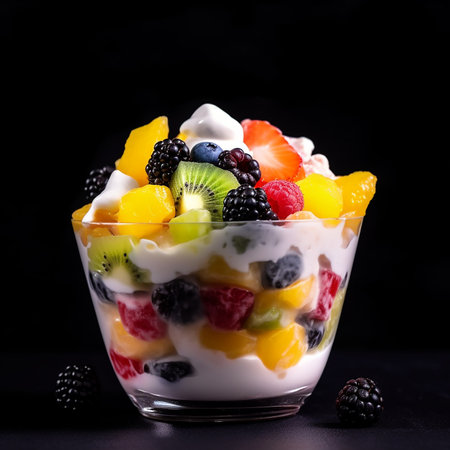 Fresh appetizing fruit salad with yogurt on a black background, close-up. Various slices of ripe fruits: kiwi, oranges, berries, wholesome healthy food,の素材