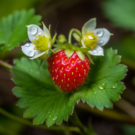 Appetizing red wild strawberry and white flower with dew drops, closeup, beautiful summer backgroundの素材