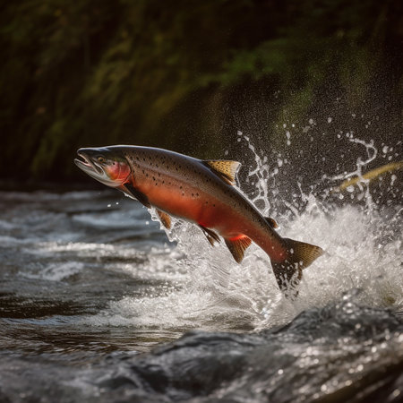 Red fish salmon trout jumps out of a mountain stream, a beautiful bright fish, a good background for packaging designの素材