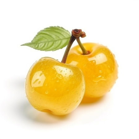 Delicious ripe fresh yellow cherries with water drops on berries, close-up on white, nice fruity background for package designの素材