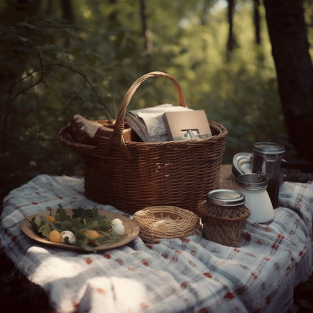 Picnic basket, blanket, pillows, food and dishes in a beautiful landscape on forest edge. Romantic natural backgroundの素材
