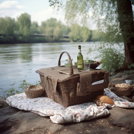 Picnic basket, blanket, pillows, food and dishes in a beautiful landscape on riverbank. Romantic natural backgroundの素材
