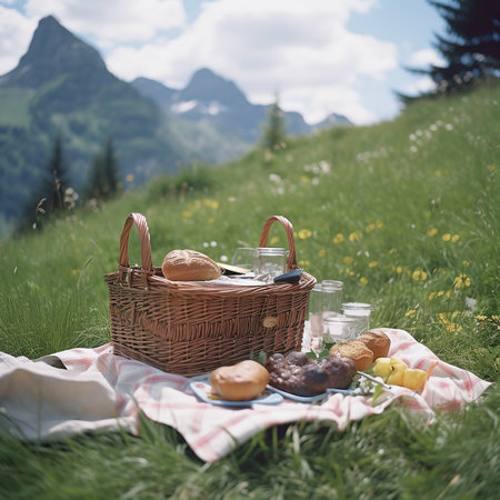 Picnic basket, blanket, pillows, food and dishes in a beautiful landscape on alpine meadow against the backdrop of mountains. Romantic natural background,の素材