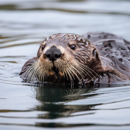 Sea otter swims in water close-up portrait, unusual animalの素材