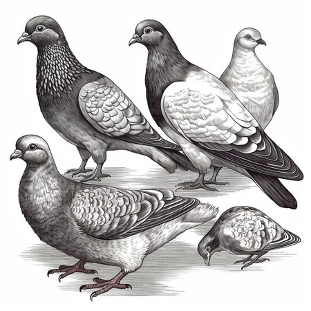 Different breeds of pigeons together on a white background, black and white drawing, vintage engraving style, scientific backgroundの素材