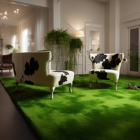 Unusual creative interior of living room, carpet like green meadow, black and white chairs painted like cowsの素材