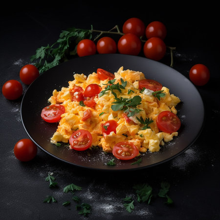 Appetizing fresh tasty omelet with tomatoes, isolated on black background close-up, great breakfast dish, food background,の素材