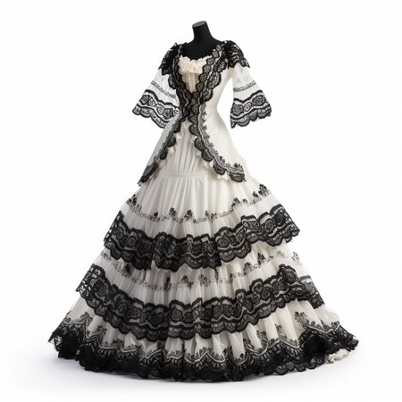 Beautiful long white vintage dress trimmed with black Valencian lace, close-up, isolated on white,の素材