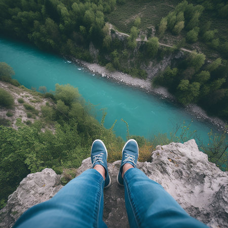 Photo of river in gorge taken down from high cliff, photo shows photographer's legs, view from great height into abyss down, an unusual angle,の素材