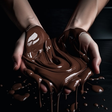 hands stained in liquid chocolate, chocolate flows and melts, close-upの素材
