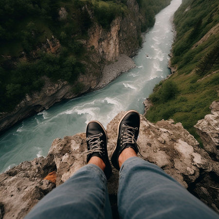 View from great height into abyss down, photo of river in gorge taken down from high cliff, photo shows photographer's legs, an unusual angleの素材
