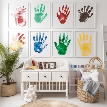 Interior of a children's room with multi-colored handprints on the walls, unusual decorの素材