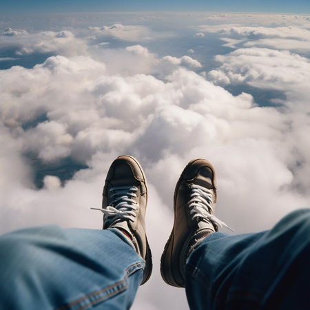 Photo taken down at high altitude above clouds while skydiving, photo shows the photographer's legs, sky below, an unusual angleの素材