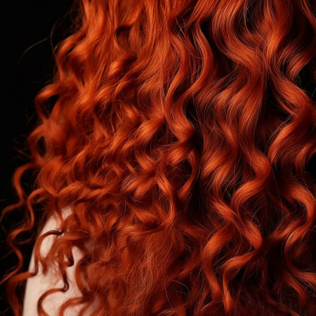 Texture of beautiful red curly hair, close-up. Background of advertising banners of beauty salons and barbershops,の素材
