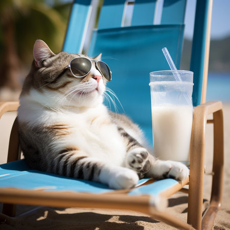 Fat cat in sun lounger in sunglasses with glass of milk against background of beach and sea, cat is on vacation, for advertising banners of travel agencies,の素材