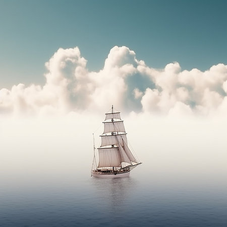 Beautiful sailboat with white sails floats among clouds across sky, beautiful romantic backgroundの素材
