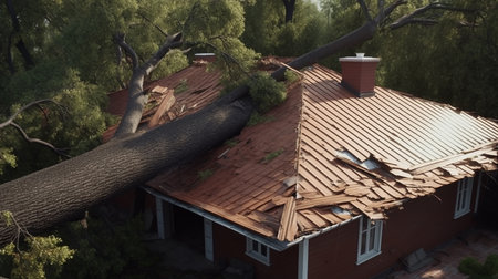 Big tree fell on the house and broke the roof, catastrophe, natural disaster, dangerous situation, destructionの素材