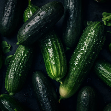 The texture of fresh green tasty cucumbers with large drops of water, close-up, a good background for advertising vegetables, packaging designの素材