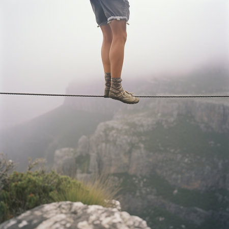 Legs of man walking on tightrope over an abyss close-up, tightrope walker high above cliff, dangerous workの素材