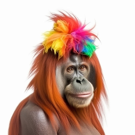 Monkey orangutan with a multi-colored rainbow hayer on his head, close-up portrait on a white backgroundの素材