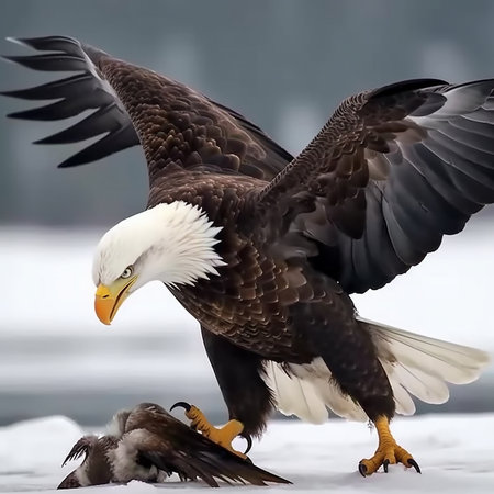 An eagle on a snow-covered ground tears with its claws and eats its prey, a large bird of prey, close-upの素材