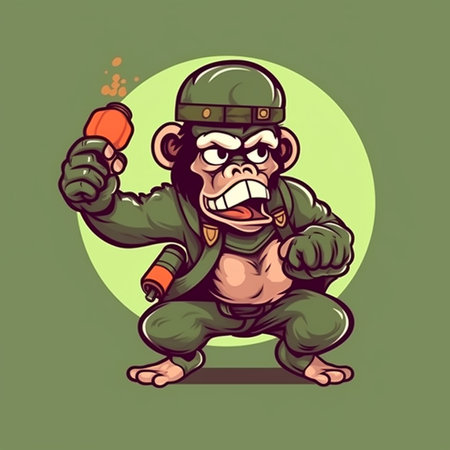Angry aggressive monkey in military uniform with a grenade in his hand, cartoon style, caricatureの素材