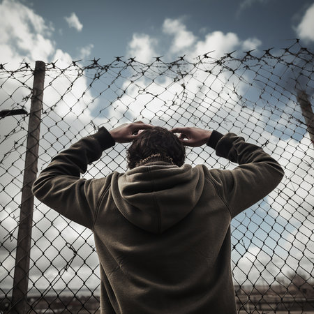 A man stands in front of barbed wire, a man in custody, prison, captivity. Personal freedom conceptの素材