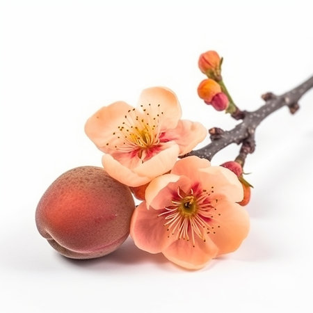 apricot branch with pink flowers and fresh appetizing fruit isolated on white close-up, for advertising and packaging designの素材